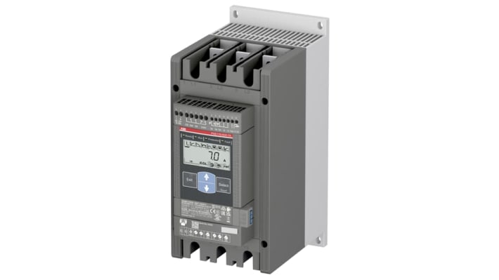ABB 1SFA897111R7000, avviatore soft-start 3 fasi, potenza 75 kW, corrente 171 A, dimensioni 295 x 130 x 219,5 mm.
