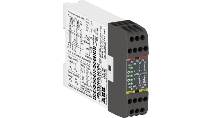 Relè di sicurezza ABB Vital 24V cc, 2 contatti, categoria di sicurezza 4, dimensioni 84 mm x 120 mm x 22,5 mm, IP40.