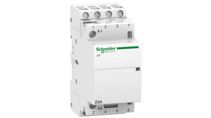 Contattore Schneider Electric A9C24834, 4 poli 4NO, 25 A, 230 V, dimensioni 81 x 36 x 60 mm, grado di protezione IP40.