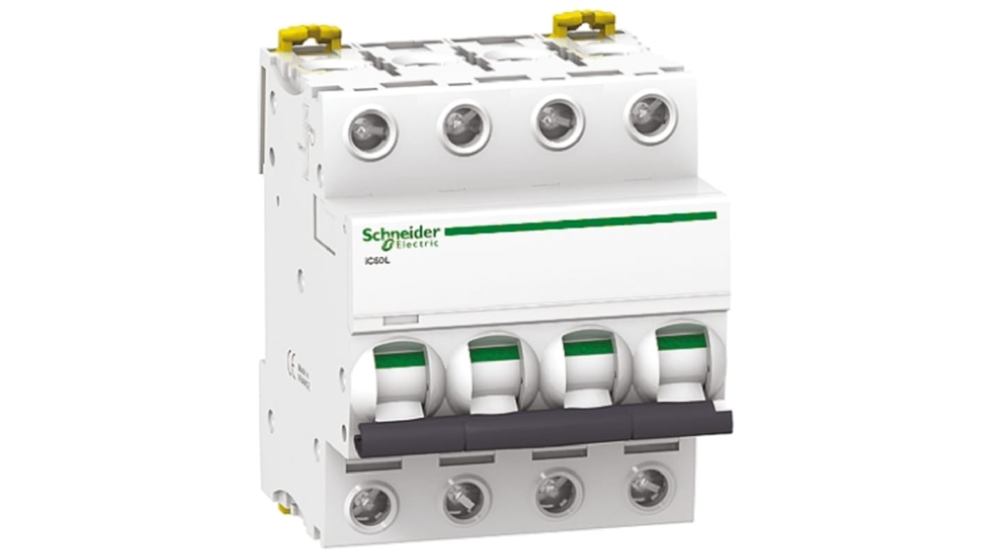 Interruttore magnetotermico Schneider Electric 4P 40A 10 kA Tipo C A9F94440. Protezione da sovraccarico e cortocircuito per carichi induttivi elevati. Conforme alle norme IEC/EN, ideale per ambienti industriali.