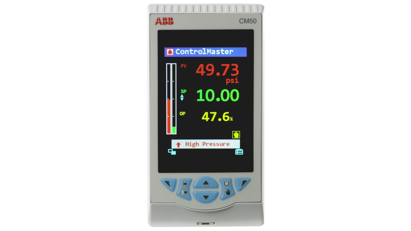 Controller ABB CM50/0S0S0E0/STD, montaggio a pannello, 5 uscite, display LCD 3,5", IP66, alimentazione 100-240 V.