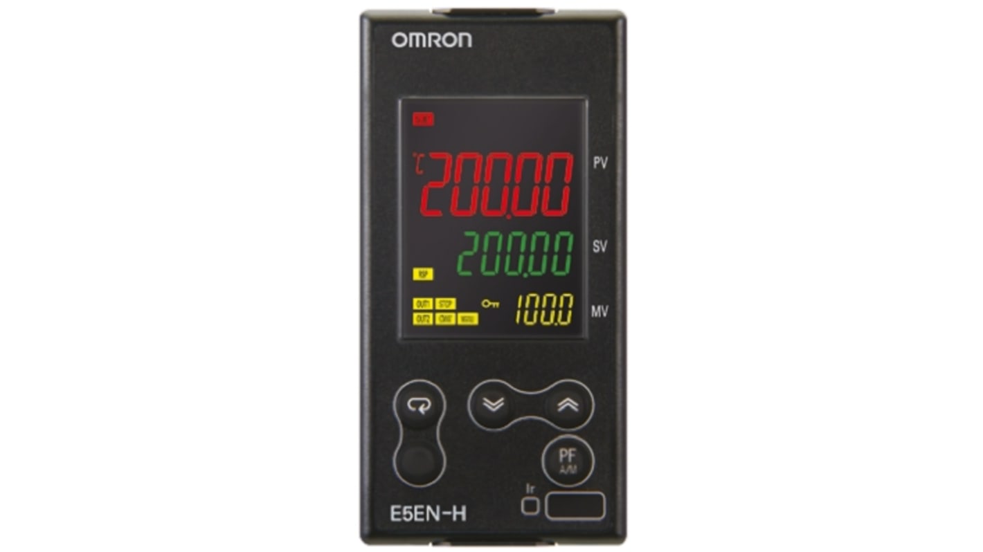 Termoregolatore PID Omron E5EN-HAA2HBM-500, 100-240 VAC, 48 x 96 mm, montaggio a pannello, 3 uscite, display ad alta risoluzione.