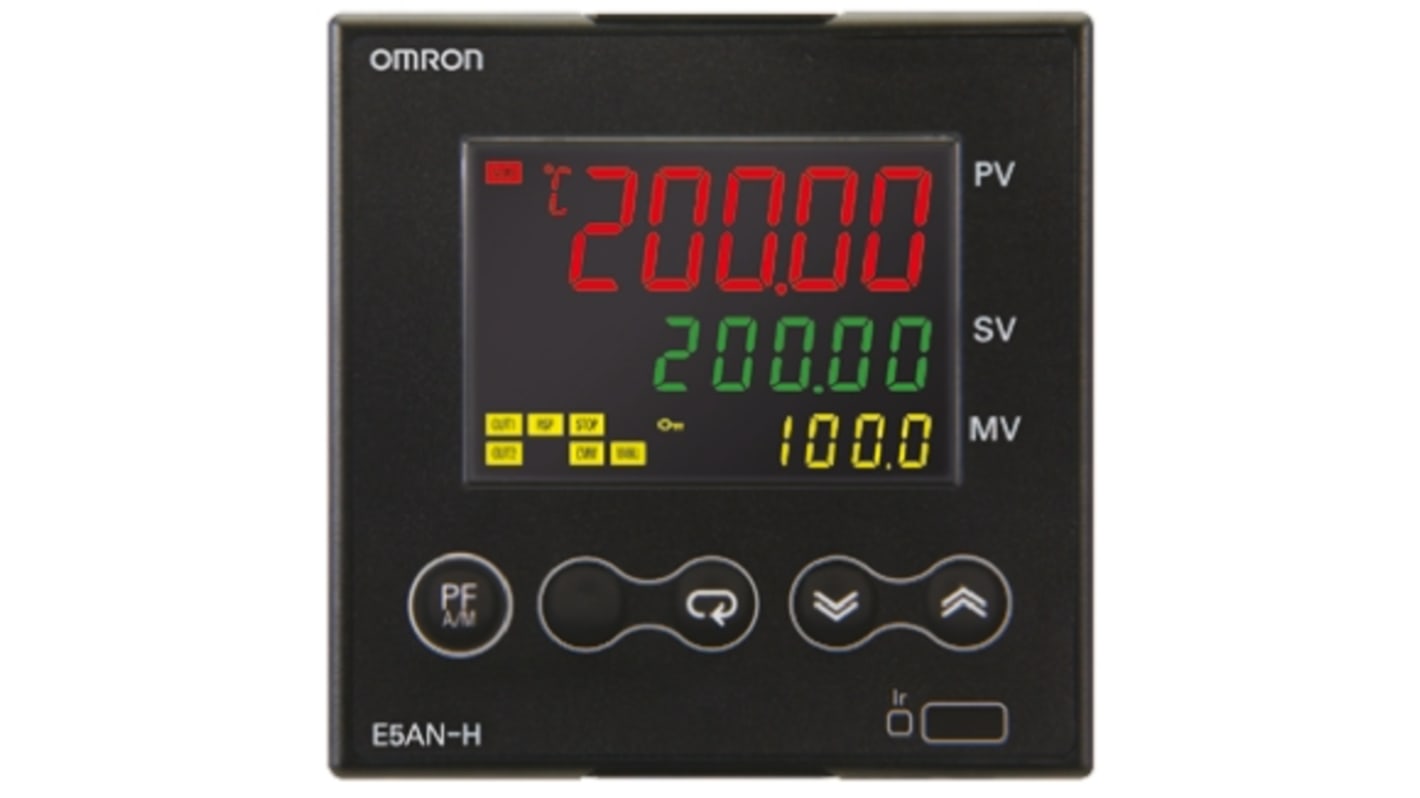 Omron E5AN-HTAA2HBM-500, termoregolatore PID 96x96 mm, alimentazione 100-240 V, con uscita relè e ingressi universali.