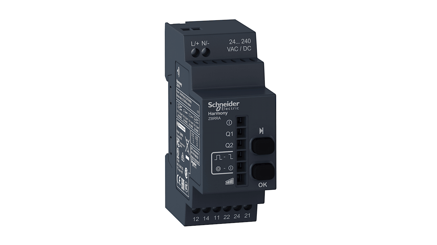Ricevitore a pulsante Schneider Electric ZBRRA, compatibile con pulsanti wireless, 2 relè, distanza di rilevamento 100 m.
