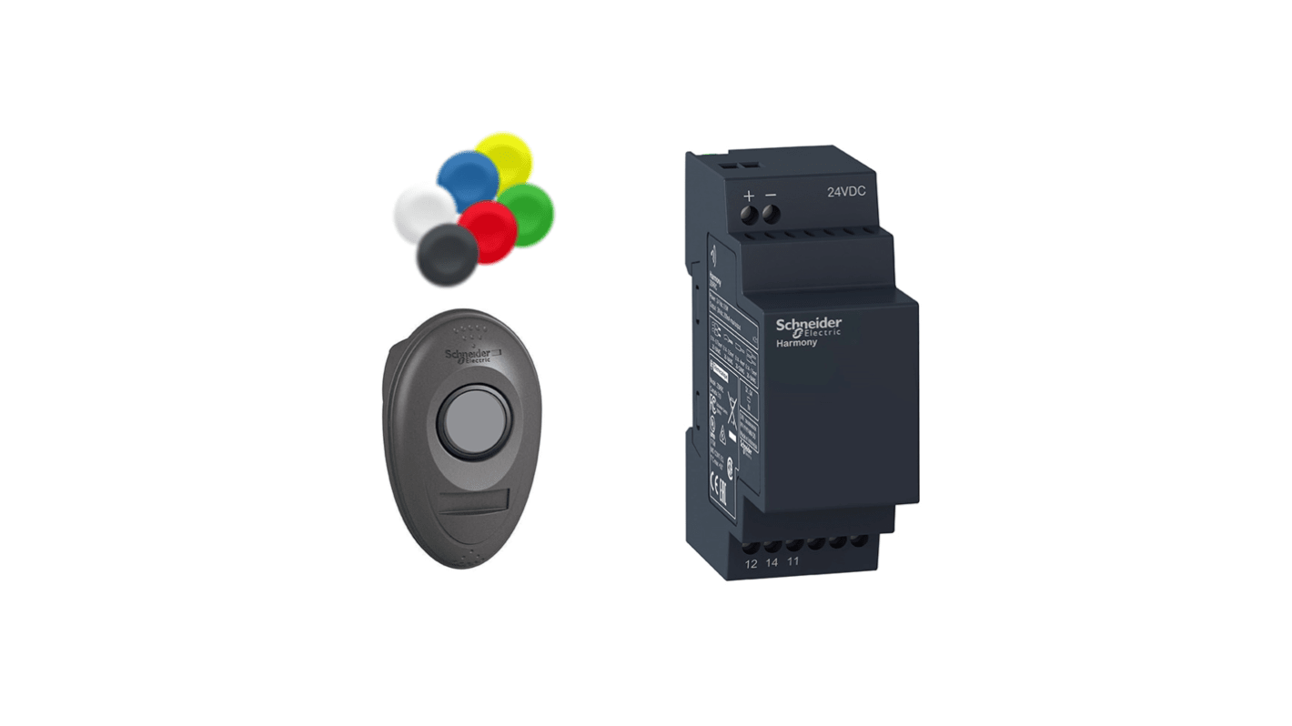 Pulsante wireless Schneider Electric XB5R, illuminato, installazione senza cablaggio, portata 25 m, per applicazioni industriali.