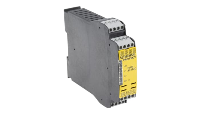 Relè di sicurezza Schmersal SRB 301MC-24V, 3 contatti di sicurezza, montaggio su guida DIN, dimensioni 100mm x 22.5mm x 121mm.
