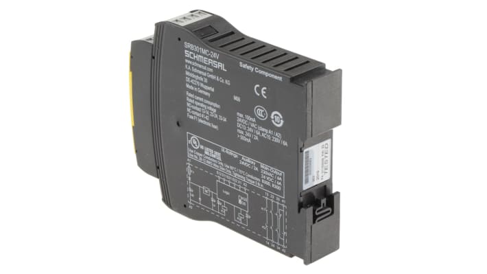 Relè di sicurezza Schmersal SRB 301MC-24V, 3 contatti di sicurezza, montaggio su guida DIN, dimensioni 100mm x 22.5mm x 121mm.