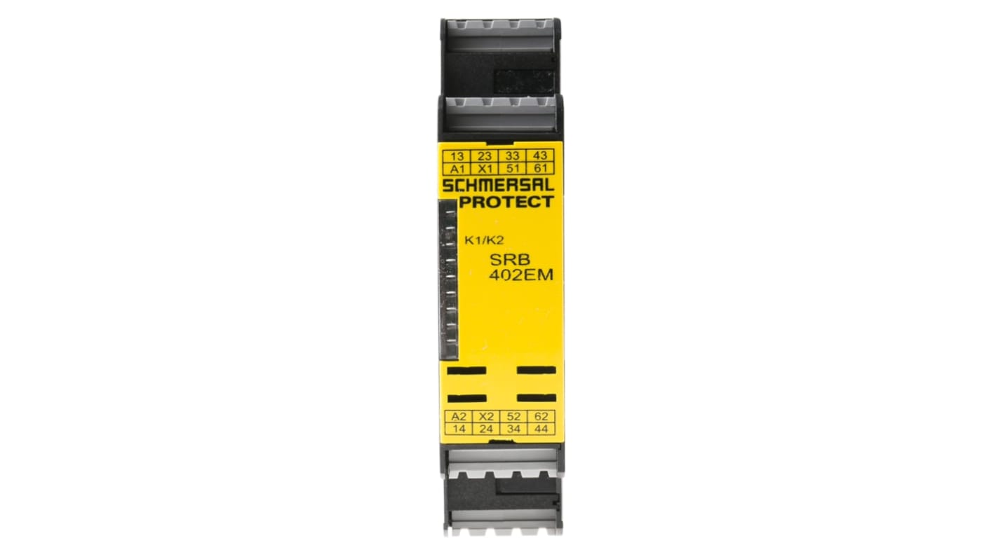 Modulo d'uscita Schmersal SRB402EM, compatto 100 x 22,5 x 121 mm, 6 uscite 24 V, montaggio su guida DIN, grado di protezione IP40.