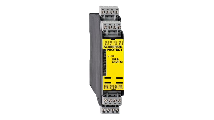 Modulo d'uscita Schmersal SRB402EM, compatto 100 x 22,5 x 121 mm, 6 uscite 24 V, montaggio su guida DIN, grado di protezione IP40.