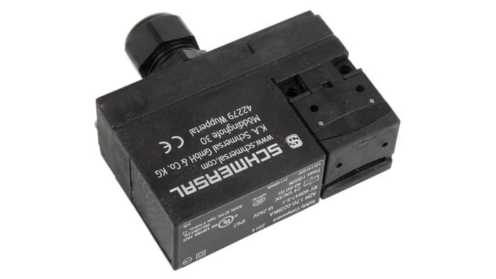Schmersal AZM 170-02ZRKA, interruttore di interblocco a solenoide 24V, IP67, dimensioni 90x30x84mm, potenza di blocco 1000N.