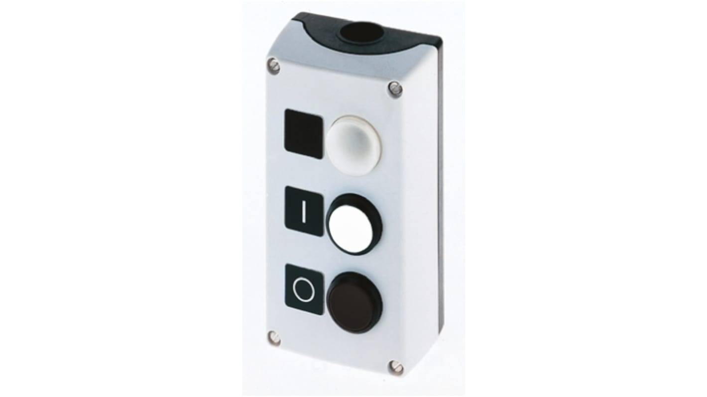 Scatola pulsante Siemens 3SB3803-2DC3, IP67, montaggio verticale, metallo, dimensioni 154x85x65 mm, tensione max 230V.