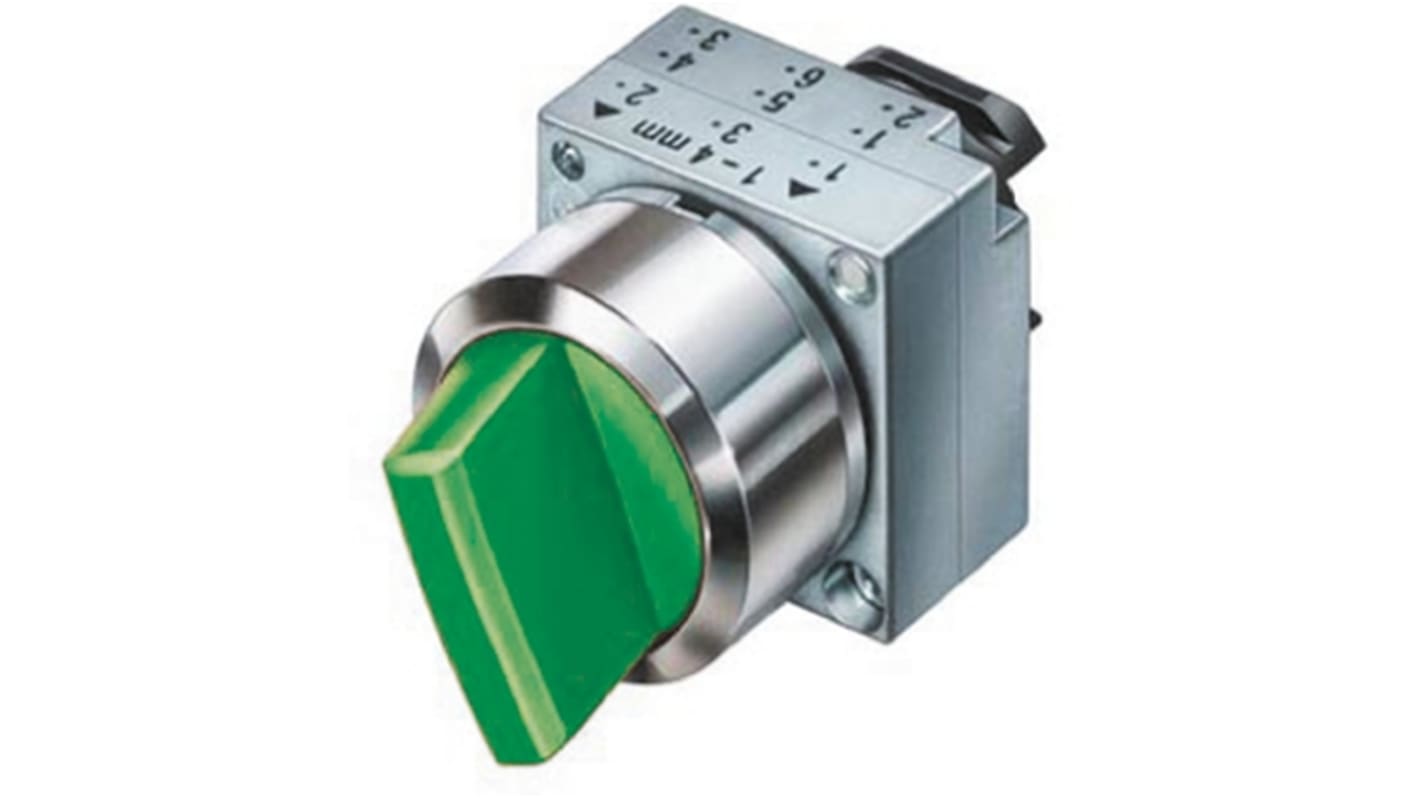 Selettore Siemens 3SB3500-3PA41, 2 posizioni, impugnatura lunga, Ø 22mm, metallo, IP67, contatto momentaneo o bistabile.