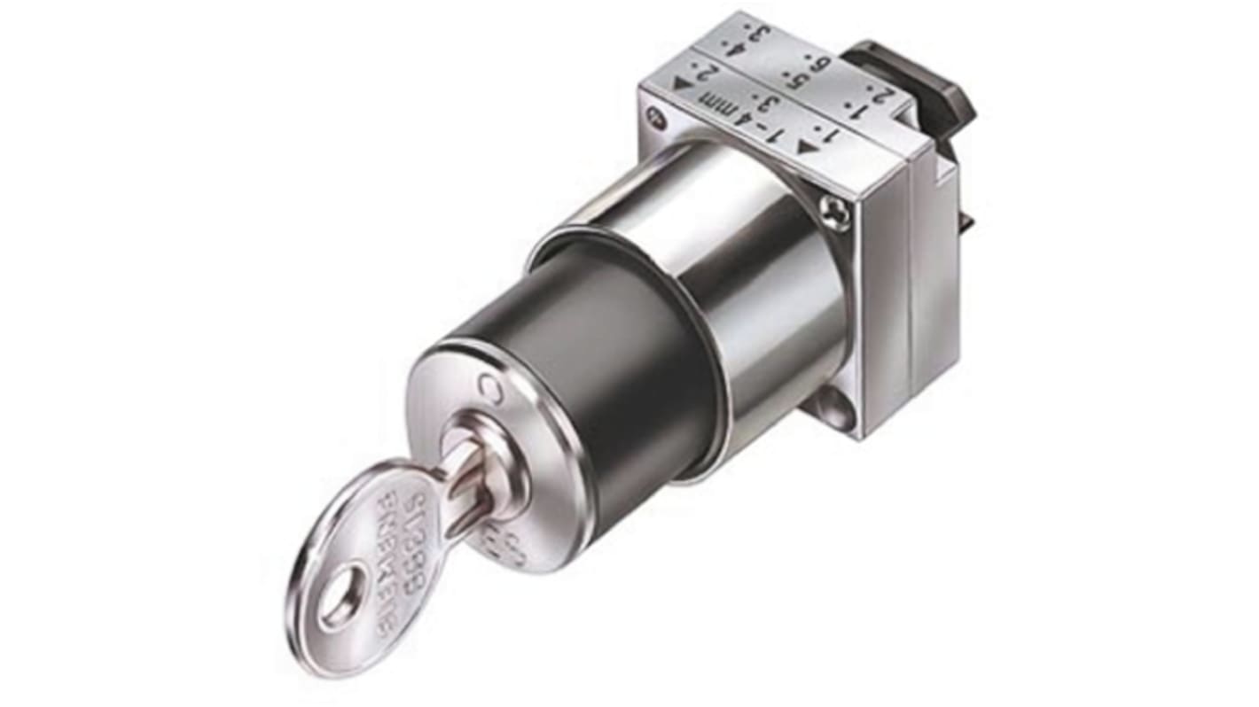 Testa selettore Siemens 3SB3, 3 posizioni, montaggio 22 mm, contatto monostabile, IP67, attivazione con chiave.
