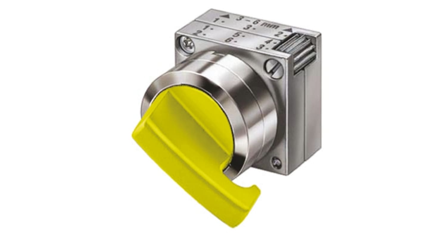 Selettore Siemens 3SB3501-3TA31 a 3 posizioni, impugnatura lunga, diametro 22 mm, contatto momentaneo, IP67, attuatore giallo.