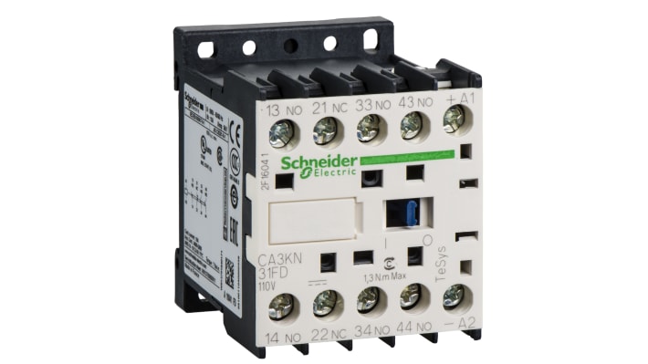 Contattore Schneider Electric CA3KN31FD, 3NO + 1NC, 10 A, montaggio a vite, dimensioni 58x45x57 mm, grado di protezione IP2x.