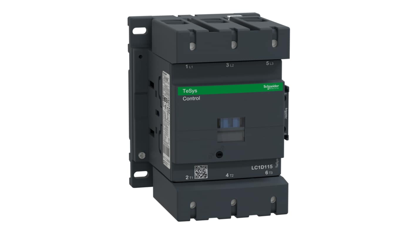 Contattore Schneider Electric LC1D115MD, 3 poli, 115 A, bobina 230 V cc, dimensioni 158 x 120 x 136 mm, peso 2,5 kg.