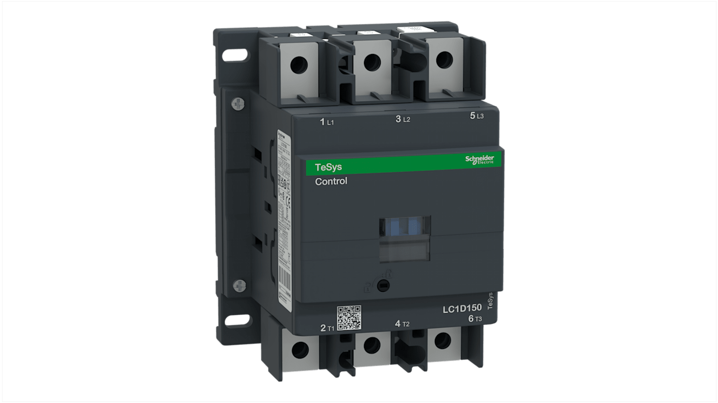 Contattore Schneider Electric LC1D1506FD, 3 poli, corrente 150 A, tensione bobina 110 V c.c., dimensioni 158x120x136 mm.