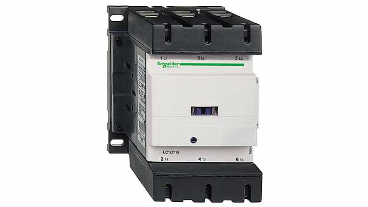 Contattore Schneider Electric LC1D1506M7, 3 poli, 150 A, bobina 220 V c.a., montaggio su guida DIN, dimensioni 158x120x136 mm.