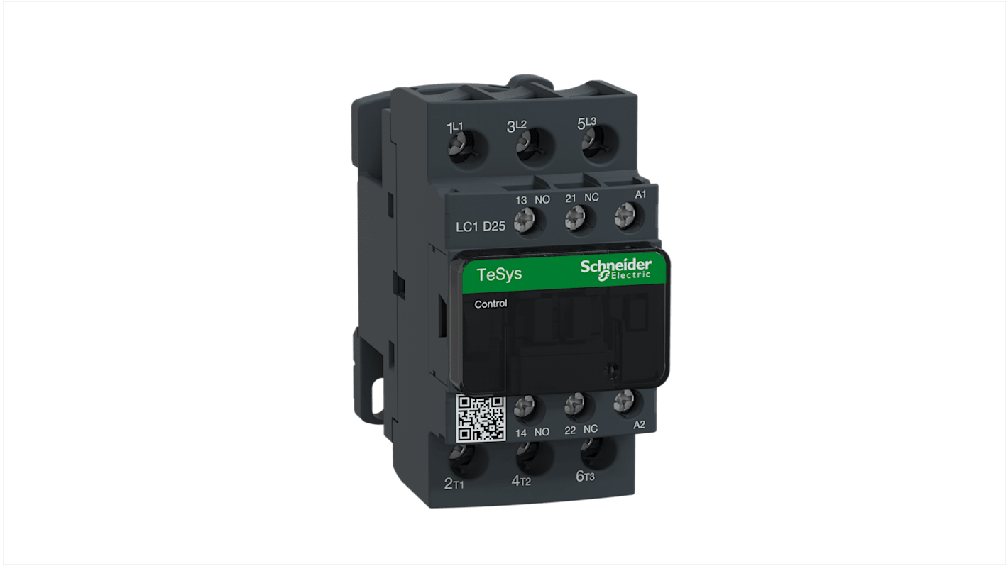 Contattore Schneider Electric LC1D25Q7, 3P 25A 400V CA. Affidabilità e lunga durata per motori AC1 e AC3. Montaggio versatile.