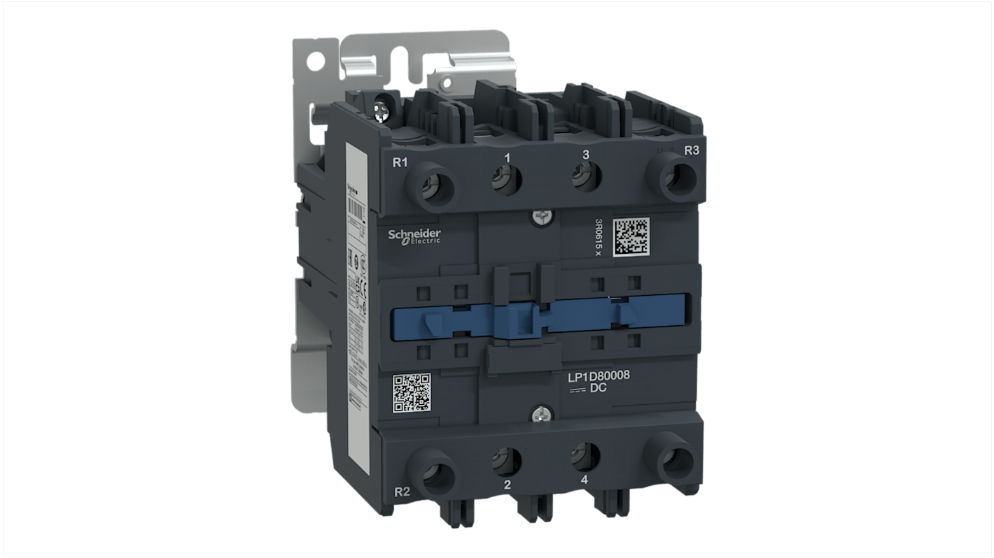 Contattore Schneider Electric LP1D80008BW, 4 poli, 125 A, montaggio su guida DIN, dimensioni 96x127x125 mm, grado di protezione IP20.