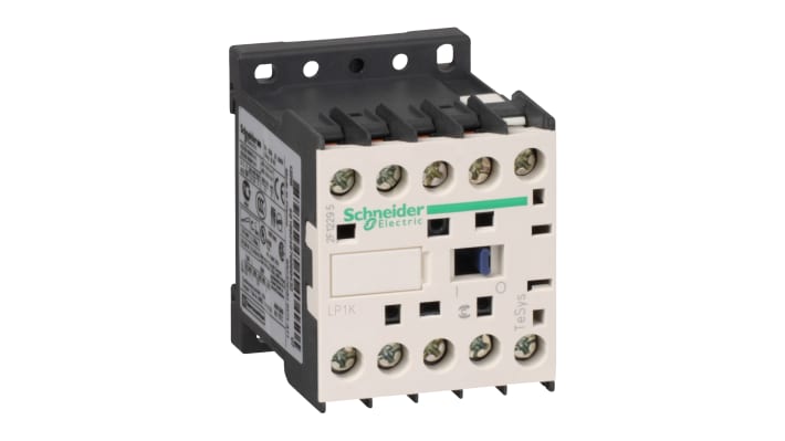 Contattore Schneider Electric LP1K0901BD3, 3 poli, 9 A, 24 V dc, IP20, dimensioni 45x58x57 mm, peso 235 g.