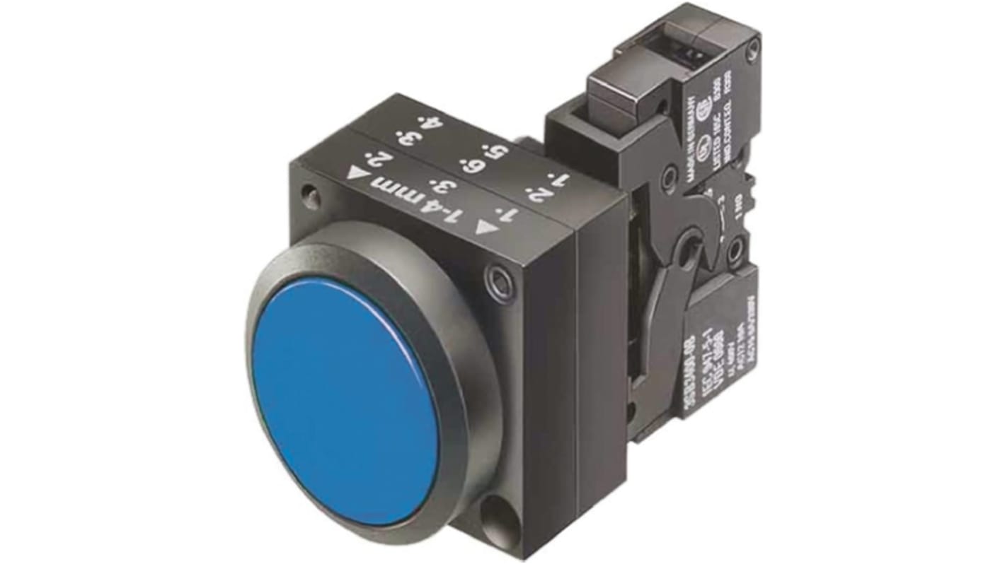 Pulsante luminoso Siemens 3SB3205-0AA51-0CC0, rotondo, montaggio a pannello, IP66, diametro 22mm, colore blu.