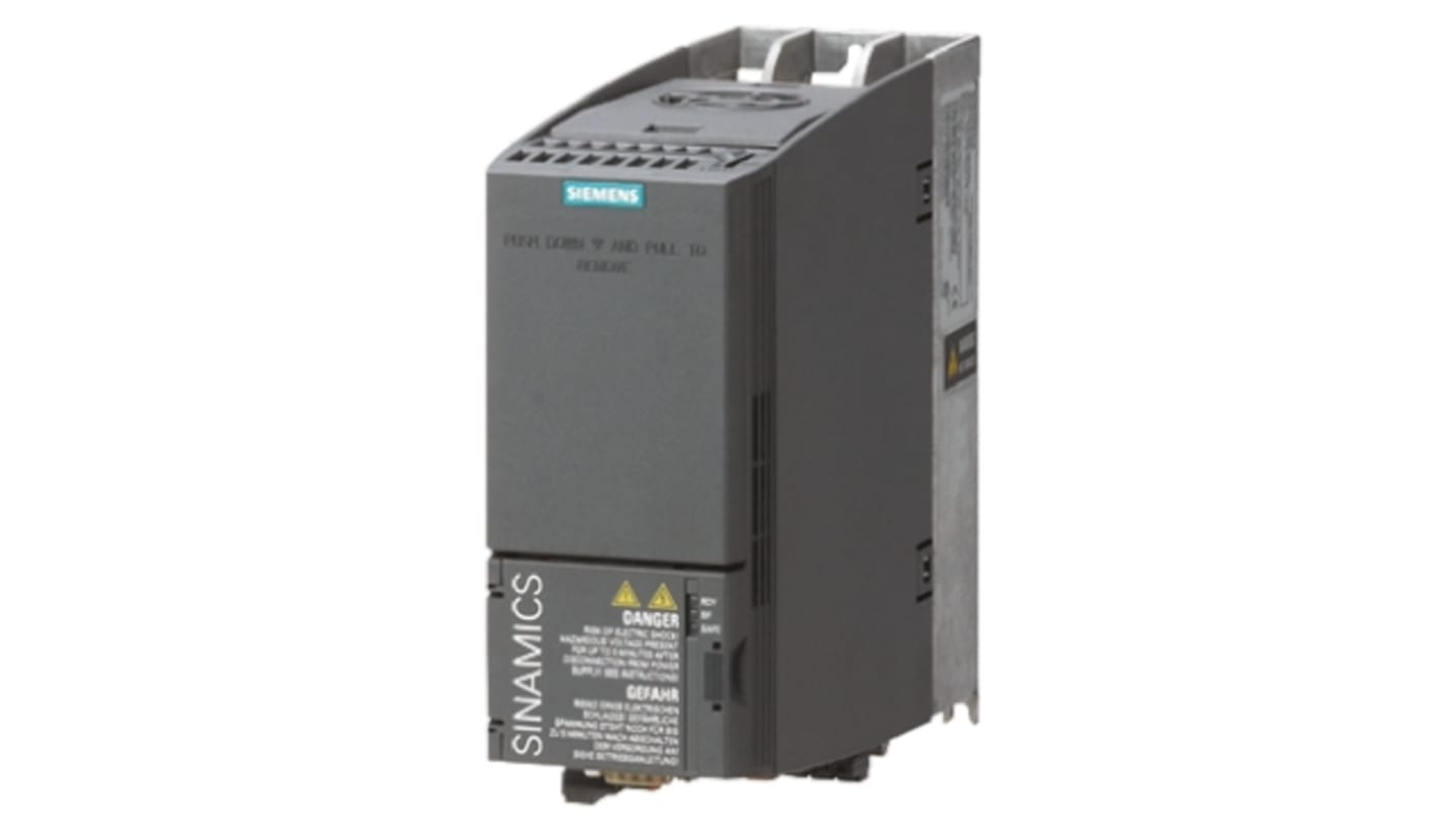 Inverter Siemens 6SL3210-1KE21-3UB1, 5,5 kW, 400 V, 3 fasi, installazione semplice, dimensioni 195x200x100 mm.