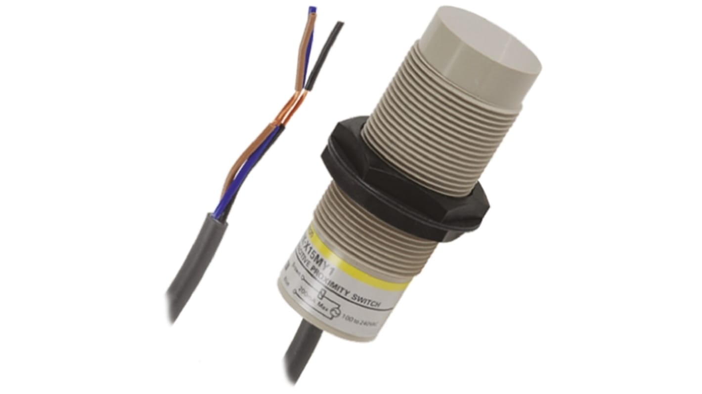 Sensore di prossimità cilindrico PNP Omron E2K-X8MF1 2M, tecnologia capacitiva, distanza di rilevamento 8 mm, grado di protezione IP66.