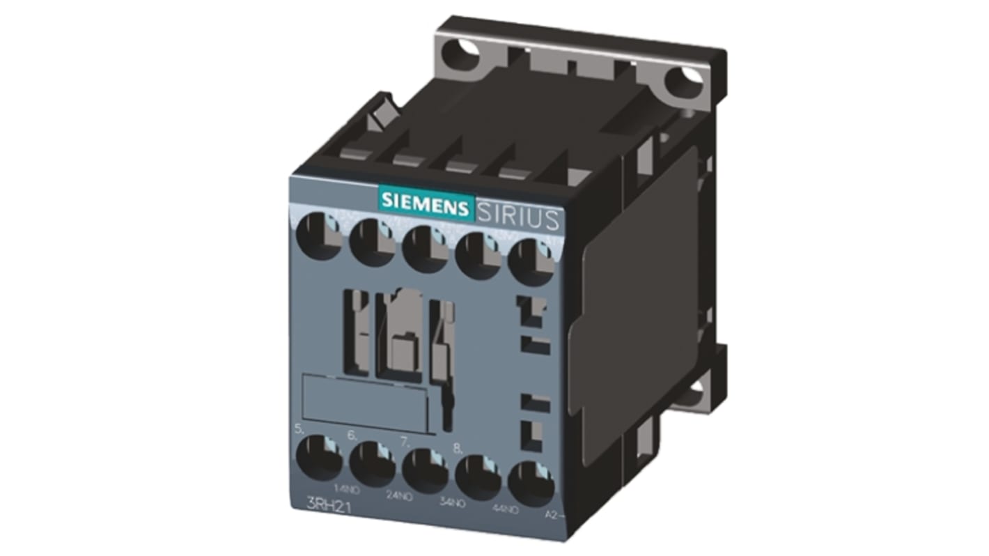 Contattore Siemens 3RH2140-1AP00, 4 poli, 10 A, bobina 230 V c.a., espandibile con 4 moduli ausiliari. Dimensioni: 57.5 x 45 x 73 mm.