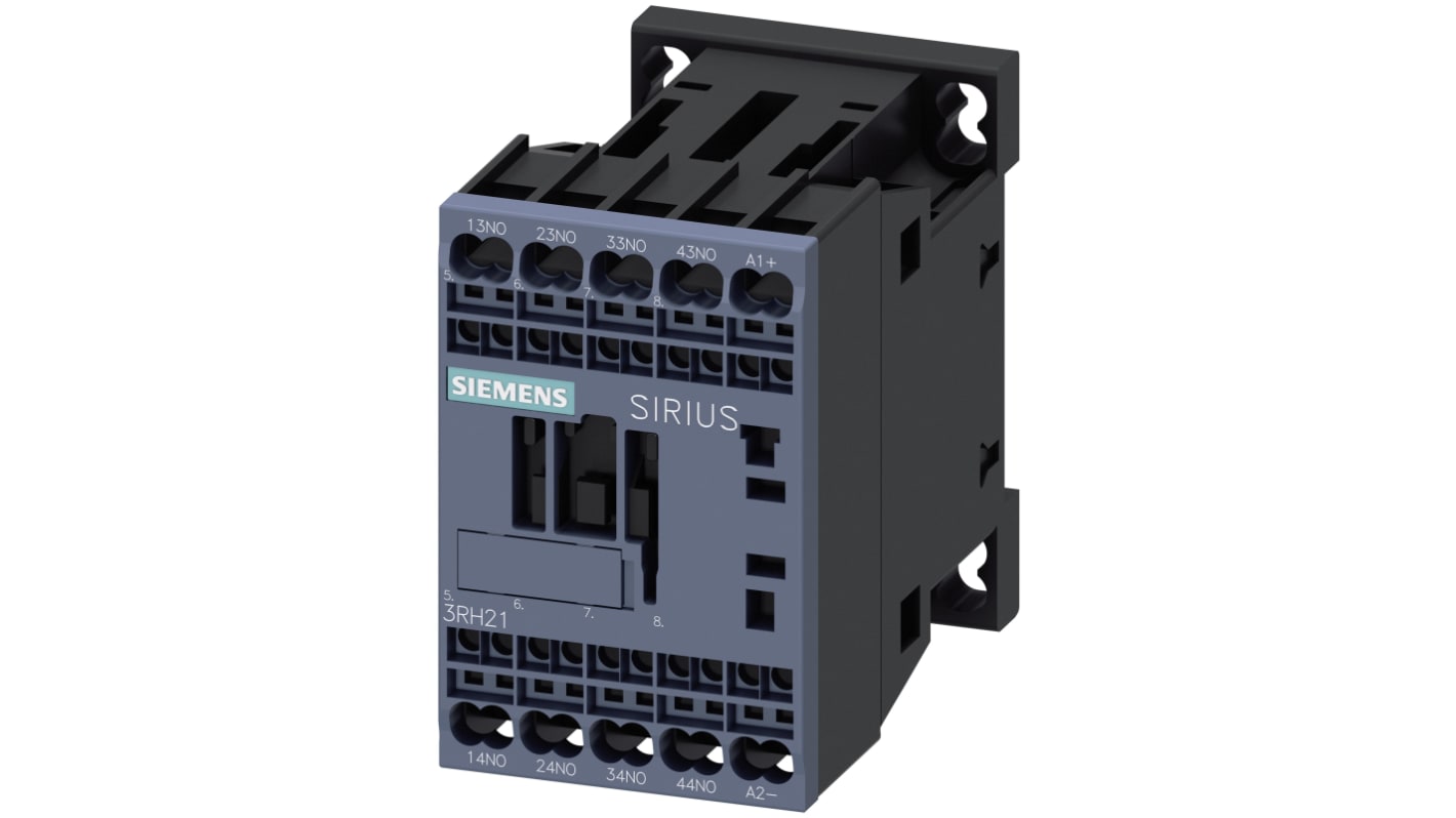 Contattore Siemens 3RH2140-2BF40, 4 poli, 10 A, bobina 110 V c.c., dimensioni 45x70x73 mm, espandibile con contatti ausiliari.
