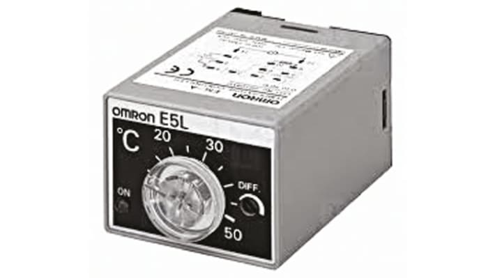 Termostato bimetallico Omron E5L-A 0-50, SPDT, montaggio a staffa, contatti 10A, tensione 250V, semplice configurazione.