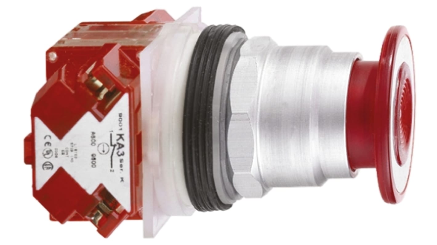 Attuatore pulsante mantenuto rosso Schneider Electric 9001KR9R, testa a fungo, diametro foro 30mm, protezione IP66.