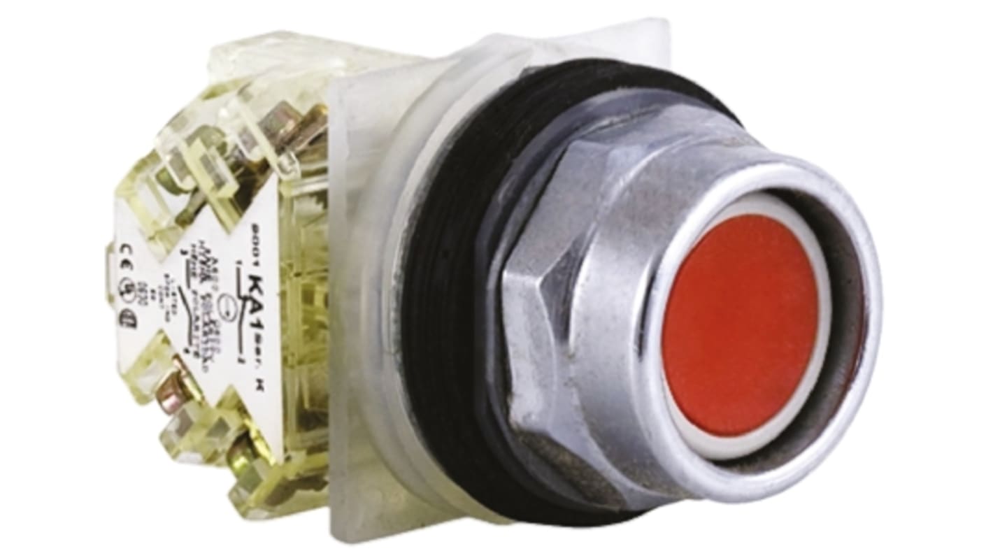 Pulsante Schneider Electric 9001KR1RH13, rotondo rosso, contatto a rottura lenta, IP66, resistenza meccanica 5.000.000 cicli.