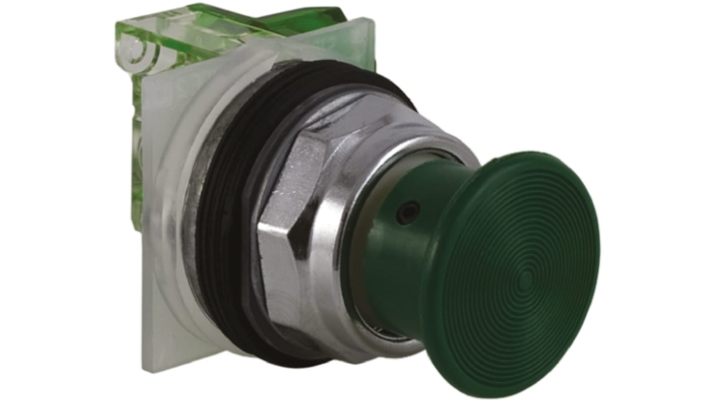 Attuatore pulsante verde rotondo tipo instabile Schneider Electric 9001KR24G, diametro foro 30mm, protezione IP66, installazione facilitata.