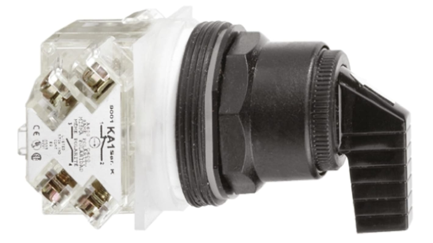 Selettore a 2 posizioni Schneider Electric 9001SKS11B, diametro foro 30mm, costruzione in plastica nera, grado di protezione IP66. Funzionamento stabile con ritorno a molla, installazione rapida con una sola vite. Compatibile con moduli luminosi e inserti colorati.