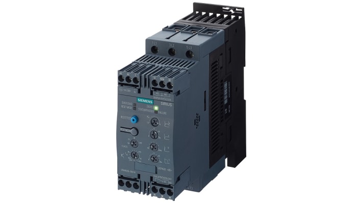 Avviatore soft-start Siemens 3RW4037-1BB04 per motori trifase, potenza 30 kW, corrente 63 A, dimensioni 170x55x170 mm.