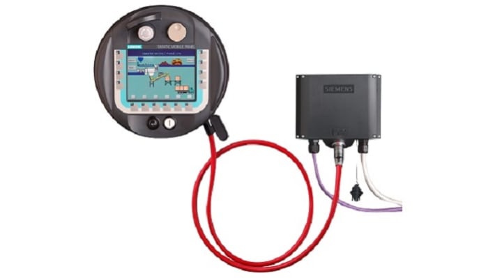 Cavo di connessione Siemens 6XV1440-4AH20 per pannello mobile serie 277, lunghezza 2 m, con connettori RJ45 e circolari, tensione 24 V.