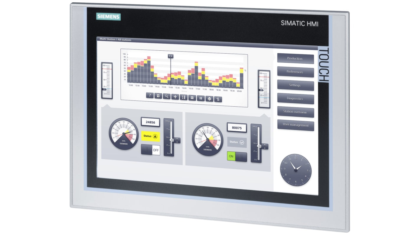 Pannello HMI touchscreen Siemens TP1200 Comfort 12.1" TFT Serie SIMATIC - 6AV2124-0MC01-0AX0. Monitoraggio e gestione efficiente dei processi automatizzati, resistente IP65, ideale per ambienti industriali.