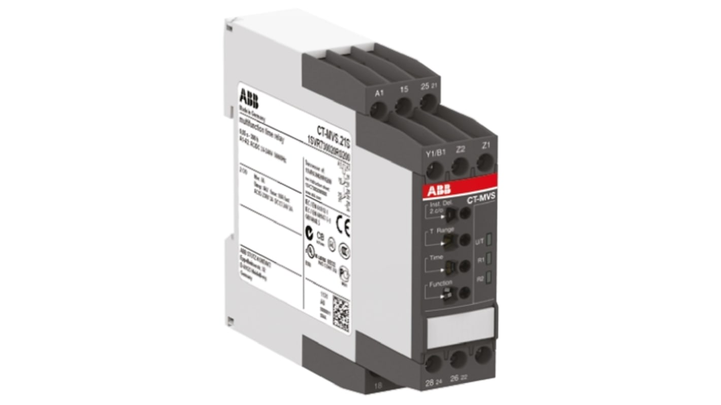 Relè timer ABB, montaggio su guida DIN, 11 funzioni, alimentazione 24-240 V, corrente massima 4A, temperatura -40/+60 °C.