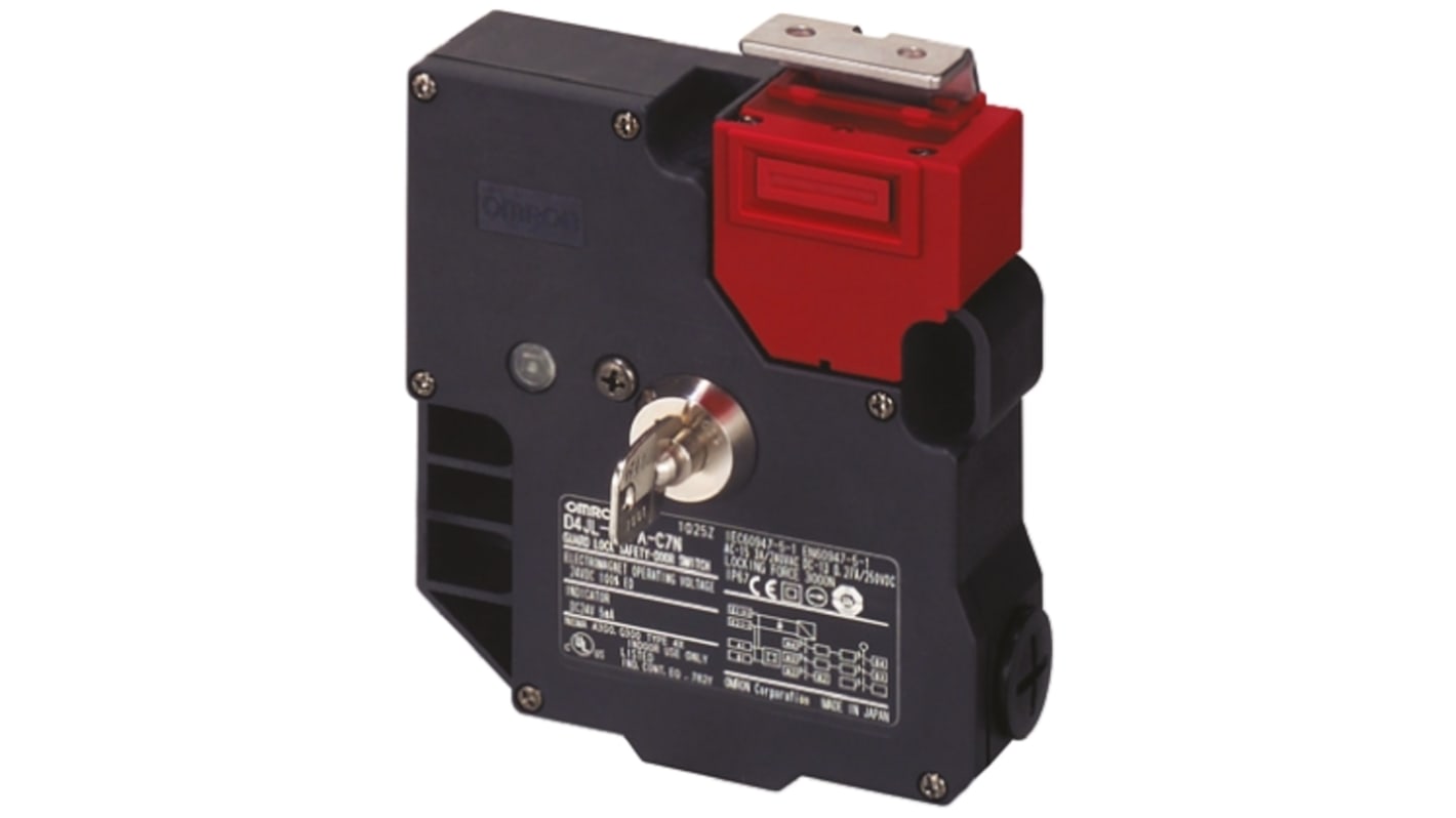 Interruttore di interblocco a solenoide Omron D4JL-4NFA-C5, 24V cc, IP67, custodia plastica, dimensioni 114x132.9x36.5 mm.
