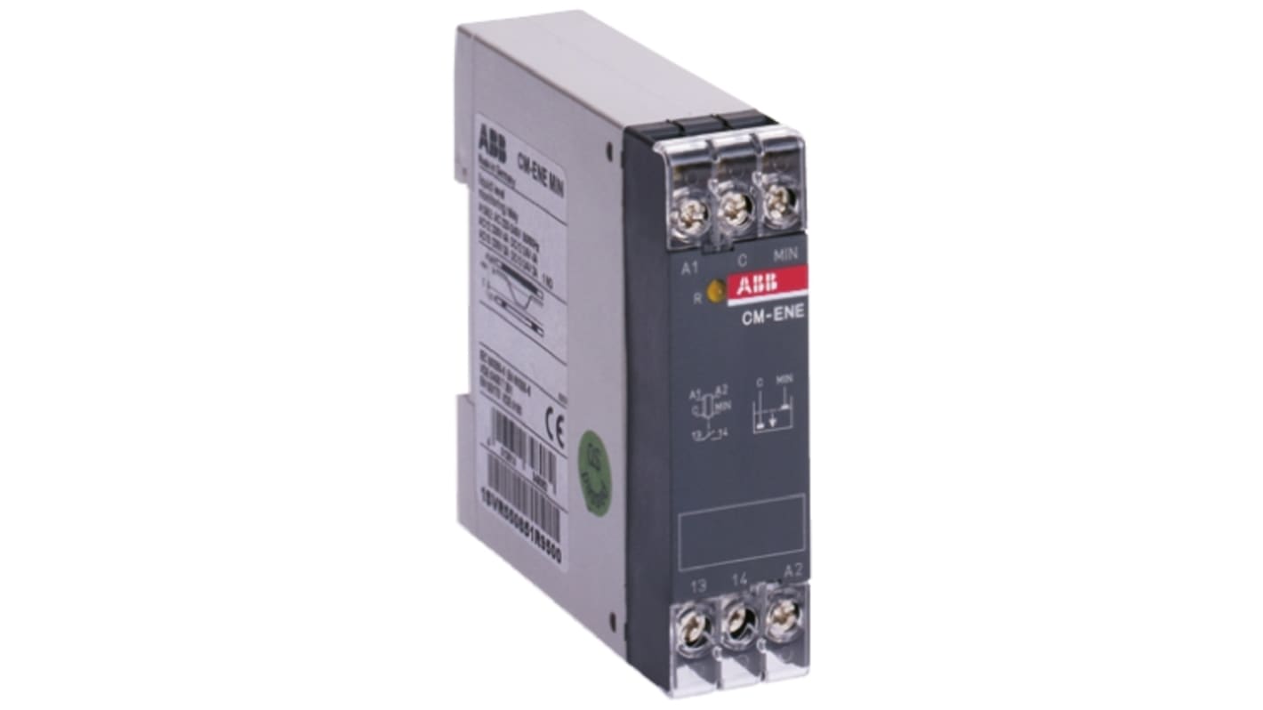 Relè di livello liquidi ABB 1SVR550850R9500, montaggio DIN, tensione 110-130V c.a., dimensioni 88.5x22.5x78mm.