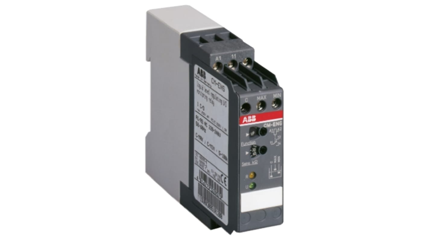Relè di livello liquidi ABB 1SVR430851R9200, montaggio su guida DIN, alimentazione 24 V c.a., dimensioni 109.5x22.5x78 mm.