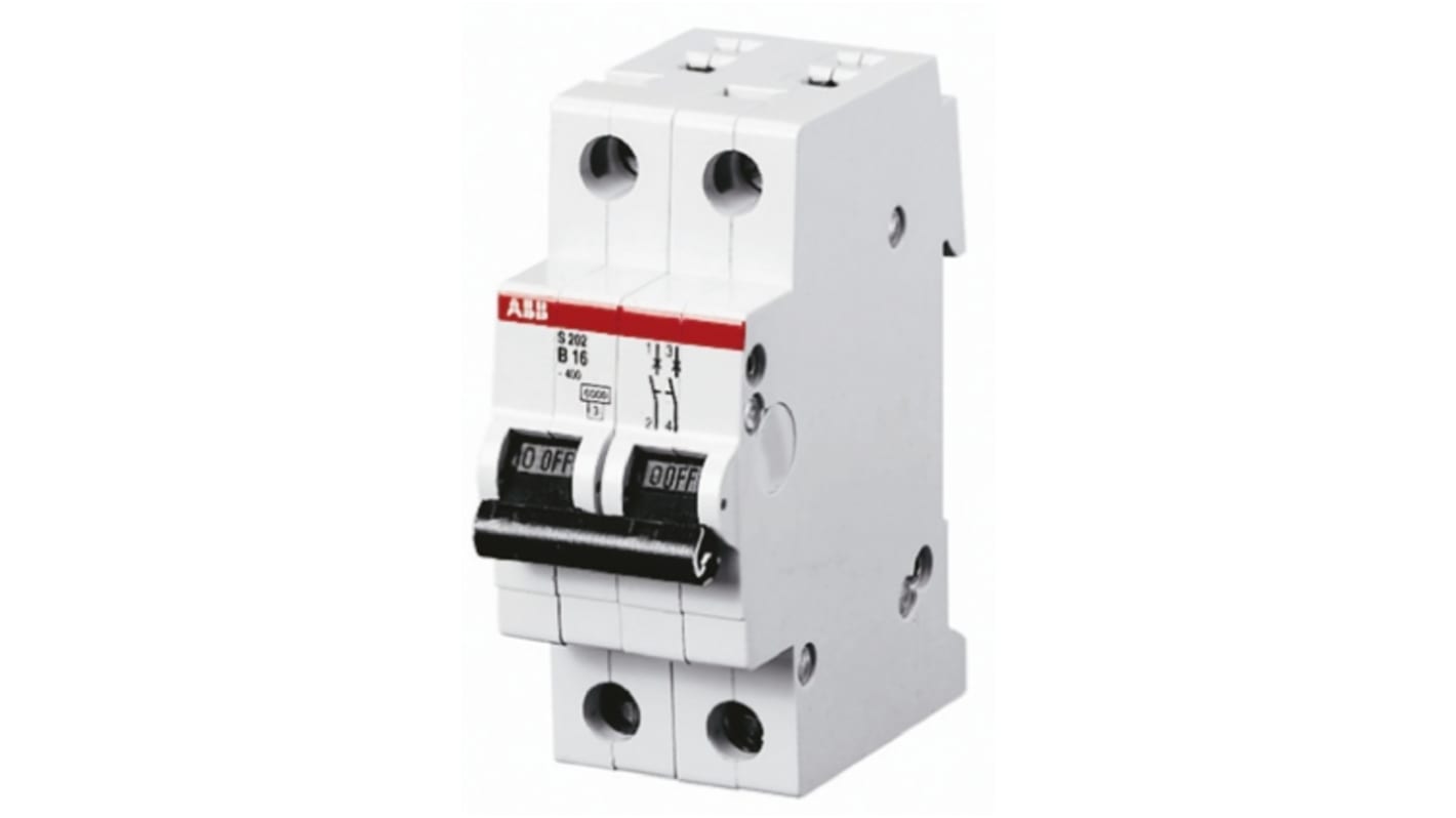 Interruttore magnetotermico ABB S202-D10, bipolare 10A, 400V, montaggio su guida DIN, dimensioni 88mm x 69mm.
