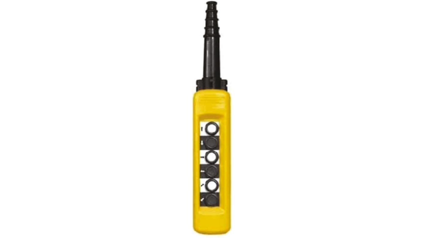 Stazione di controllo a pulsante SPDT Schneider Electric XACA681, contenitore giallo IP65, 6 pulsanti neri e bianchi.