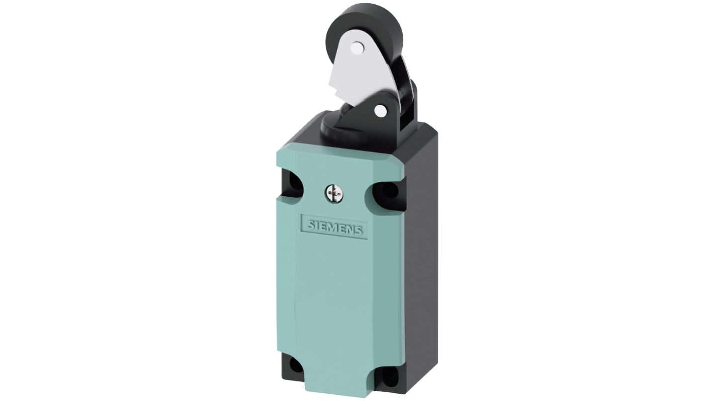 Interruttore di fine corsa Siemens 3SE5112-0BE01 con leva a rullo, configurazione DPST, protezione IP66/IP67, dimensioni 85.7x37.3x40.5 mm.