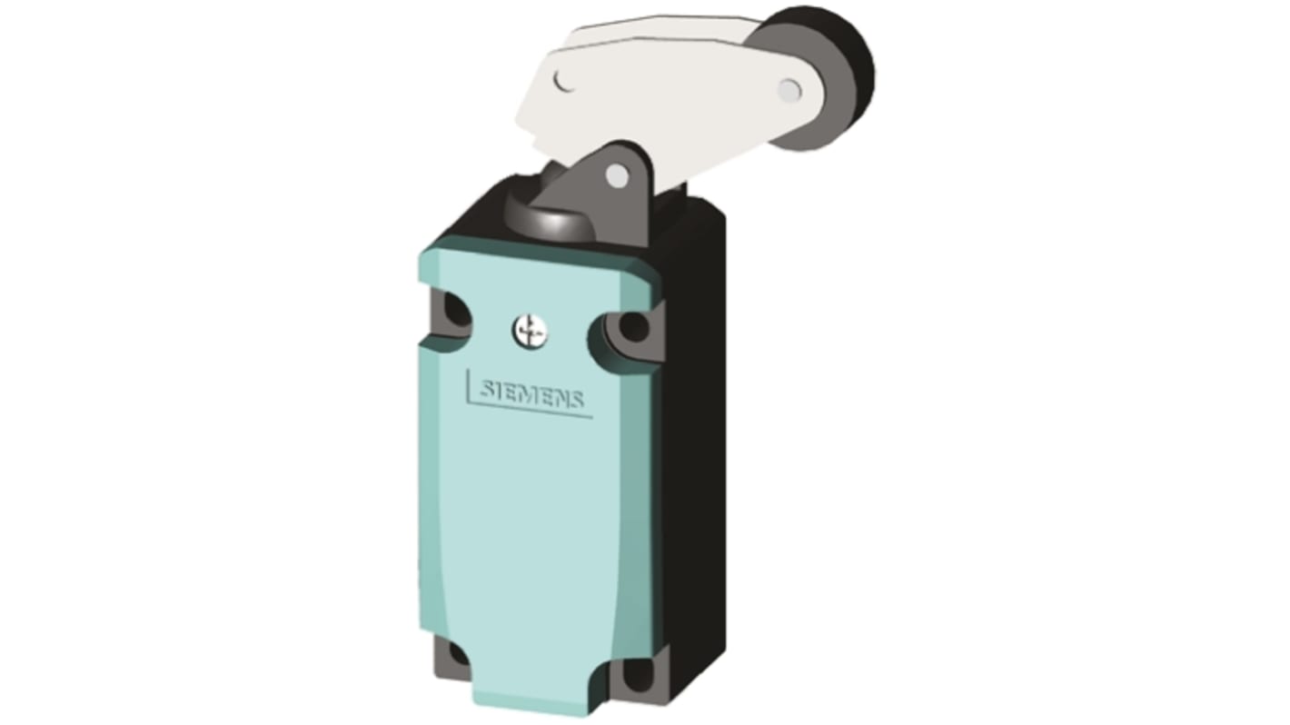 Interruttore di fine corsa Siemens 3SE5112-0BF01 con leva a rullo, configurazione DPST, protezione IP66/IP67, dimensioni 85.7x40.5x37.3 mm.