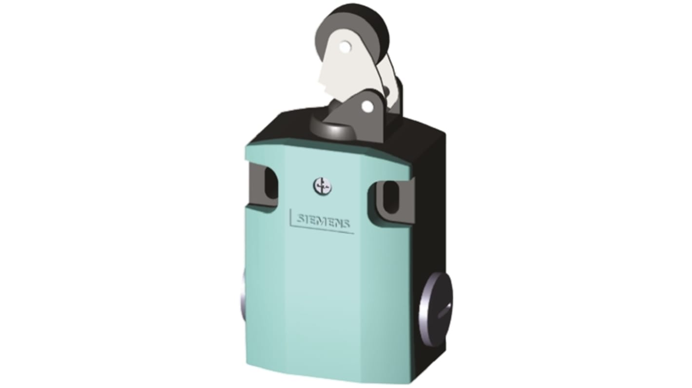 Siemens interruttore di fine corsa 3SE5122-0BE01 con leva a rullo, configurazione DPST, protezione IP66/IP67, dimensioni 85.7x37.8x56 mm.