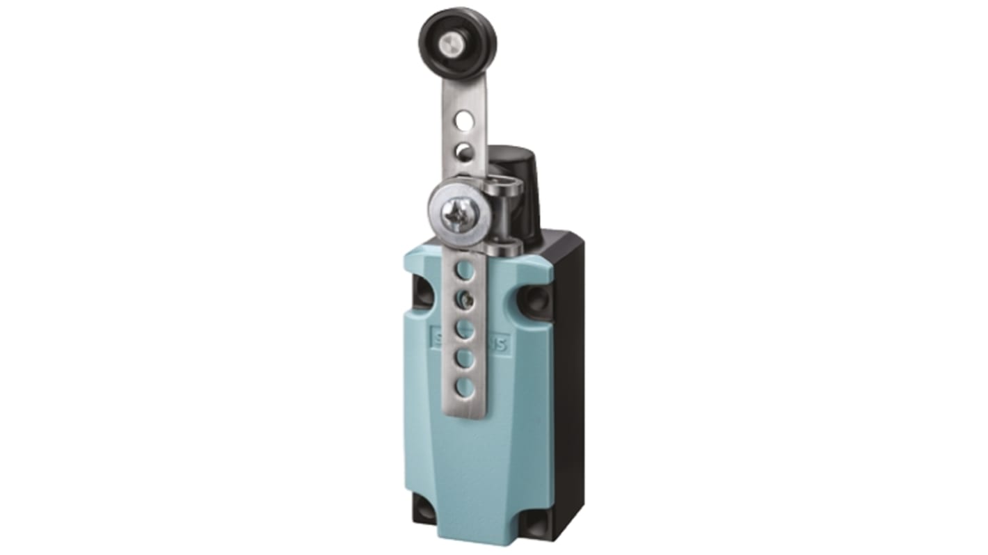 Interruttore di fine corsa Siemens 3SE5112-0LH60 con leva a rullo, 2NC/1NA, protezione IP66/IP67, dimensioni 85.7 x 40.5 x 37.3 mm.