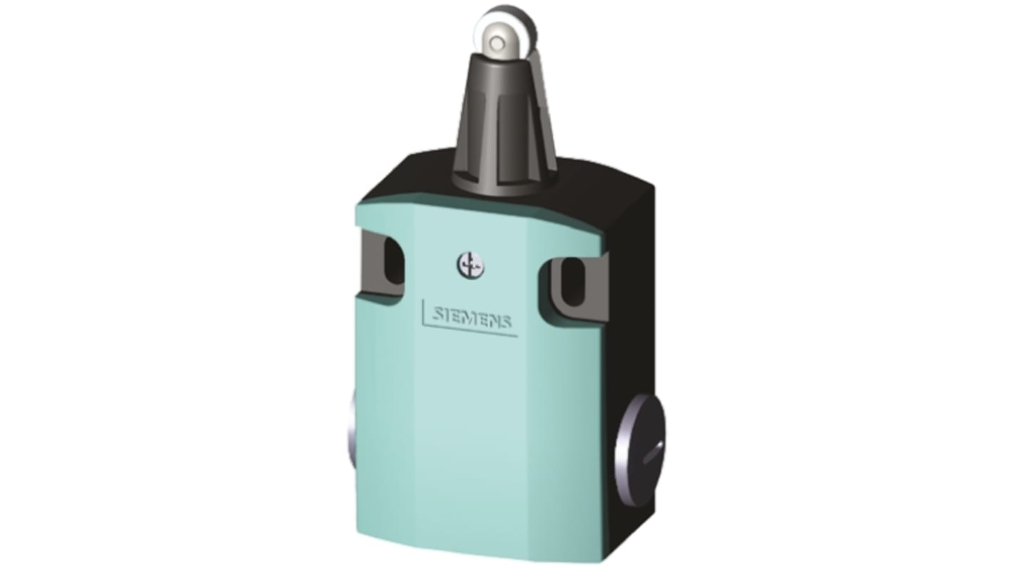 Interruttore di fine corsa Siemens 3SE5122-0CD02, tasto a rotella DPST, protezione IP66/IP67, dimensioni 85.7x56x37.8 mm.