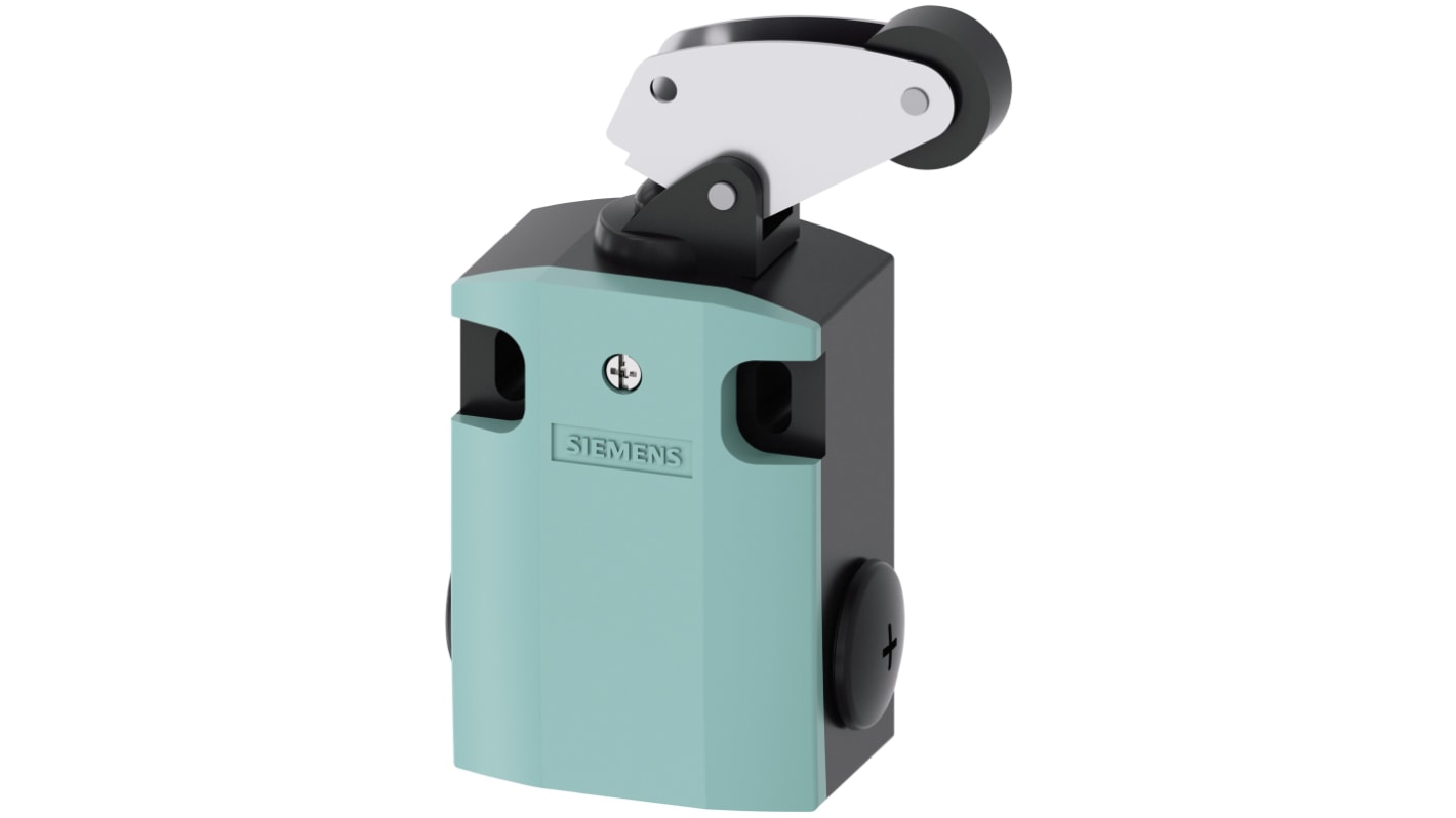 Interruttore di fine corsa Siemens 3SE5122-0CF01 con leva a rullo, configurazione DPST, protezione IP66/IP67, dimensioni 85.7x56x37.8 mm.
